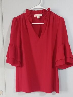 Michael Kors Red V-Neck Ruffle Sleeve Blouse Size S